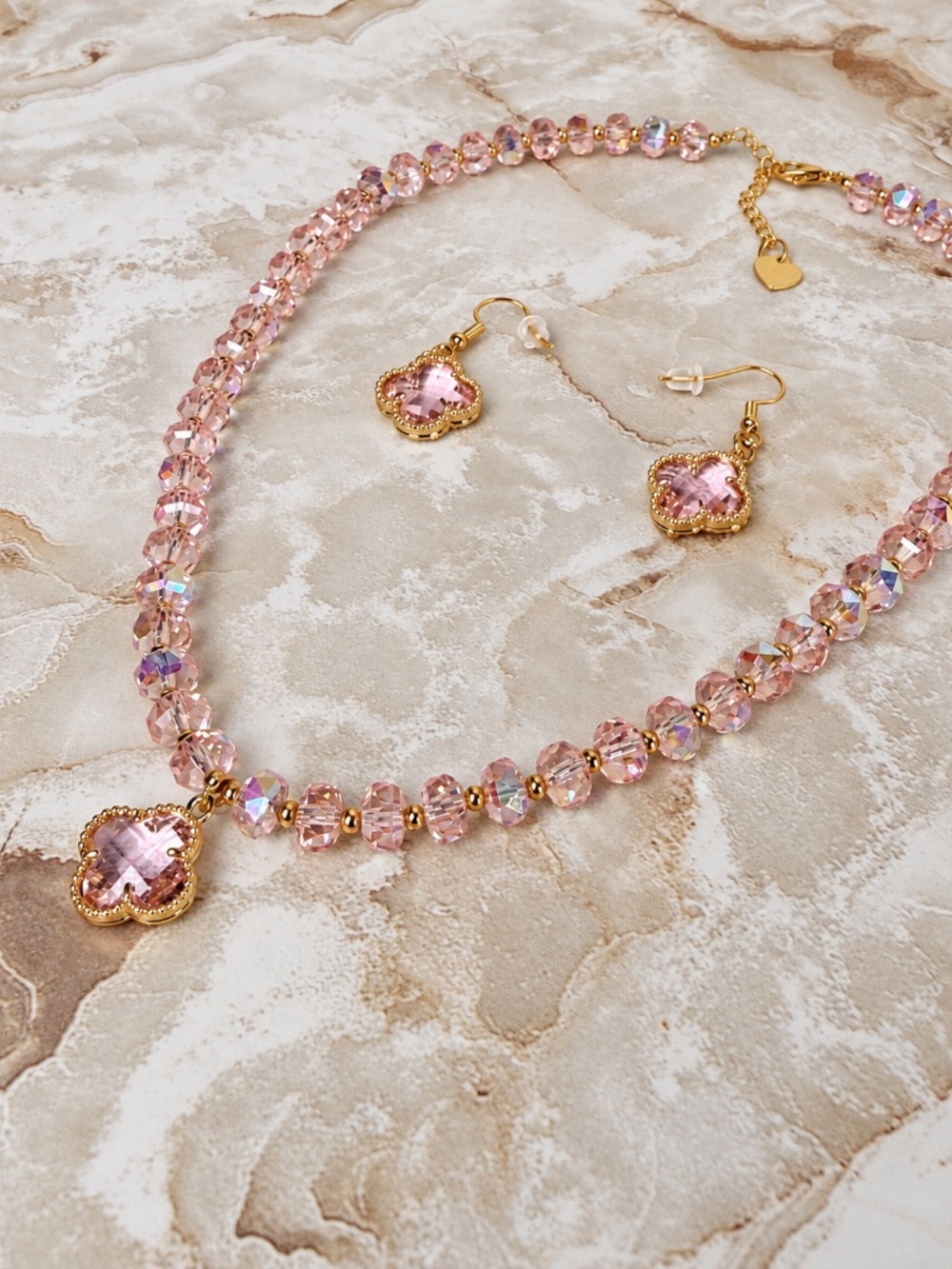 Boutique Pink Faceted Bead Clover Pendant Necklace & Earring Set NWOT